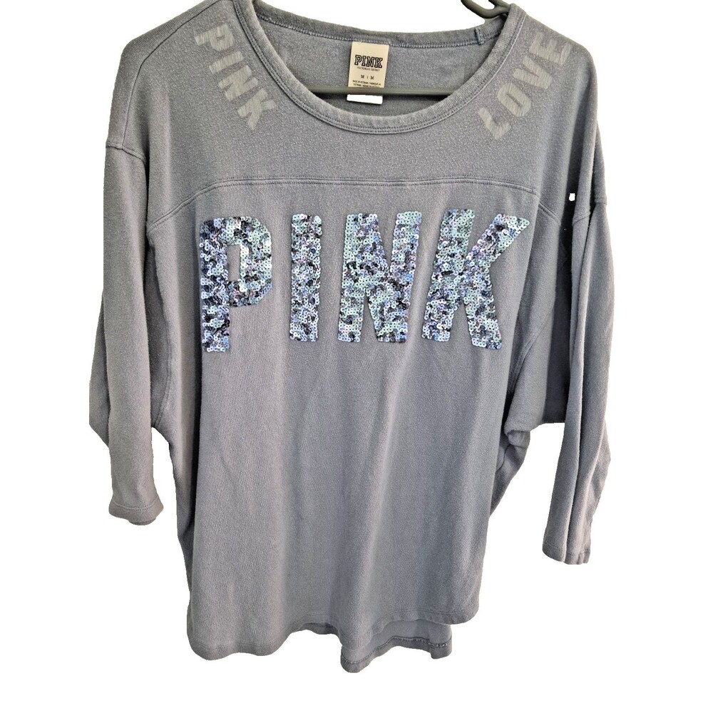 PINK Victoria's Secret Gray Sequin Graphic Print Crewneck Pullover M